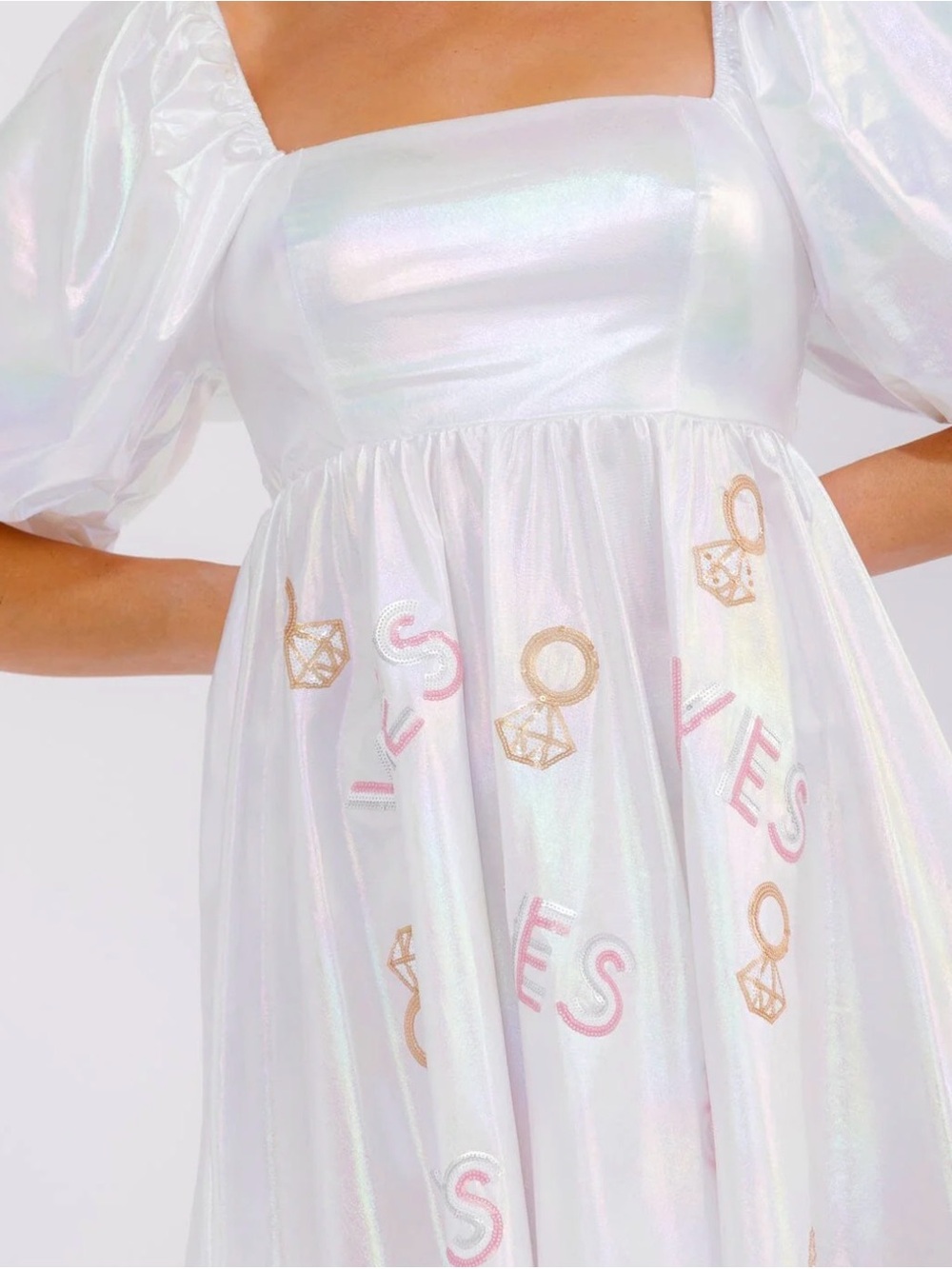 Iridescent Bride to Be Bachelorette Party Shimmery Dress with rings and YES!